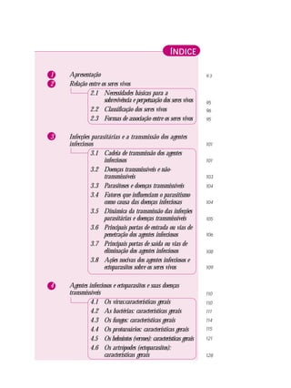 9 3
95
96
95
101
101
103
104
104
105
106
108
109
110
110
111
114
115
121
128
ÍNDICEÍNDICEÍNDICEÍNDICEÍNDICE
1 Apresentação
2 Relação entre os seres vivos
2.1 Necessidades básicas para a
sobrevivência e perpetuação dos seres vivos
2.2 Classificação dos seres vivos
2.3 Formas de associação entre os seres vivos
3 Infecções parasitárias e a transmissão dos agentes
infecciosos
3.1 Cadeia de transmissão dos agentes
infecciosos
3.2 Doenças transmissíveis e não-
transmissíveis
3.3 Parasitoses e doenças transmissíveis
3.4 Fatores que influenciam o parasitismo
como causa das doenças infecciosas
3.5 Dinâmica da transmissão das infecções
parasitárias e doenças transmissíveis
3.6 Principais portas de entrada ou vias de
penetração dos agentes infecciosos
3.7 Principais portas de saída ou vias de
eliminação dos agentes infecciosos
3.8 Ações nocivas dos agentes infecciosos e
ectoparasitos sobre os seres vivos
4 Agentes infecciosos e ectoparasitos e suas doenças
transmissíveis
4.1 Os vírus:características gerais
4.2 As bactérias: características gerais
4.3 Os fungos: características gerais
4.4 Os protozoários: características gerais
4.5 Os helmintos (vermes): características gerais
4.6 Os artrópodes (ectoparasitos):
características gerais
 