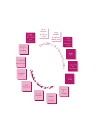 Parasitologia
e
Microbiologia
Psicologia
Aplicada
Ética
Profissional
Estudos
Regionais
Nutrição
e
Dietética
Higiene
e
Profilaxia
Fundamentos
de
Enfermagem
Saúde
Coletiva
Saúde
do Adulto
-
Assistência
Clínica
Saúde
do Adulto
-
Atendimento
de Emergência
Saúde
do Adulto
-
Assistência
Cirúrgica
Saúde
da Mulher,
da Criança
e do
Adolescente
DisciplinasI
nstrumentais
Disciplinas Pr
ofissionalizantes
Anatomia
e
Fisiologia
Saúde
Mental
 