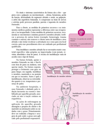 83
PPPPP EEEEEAAAAARRRRROOOOOFFFFF
Os sinais e sintomas característicos da fratura são a dor – que
piora com a palpação ou movimentação -, edema, hematoma, perda
da função, deformidade do segmento afetado e sentir, na palpação,
o atrito das superfícies fraturadas. A compressão ou lesão de nervos
e artérias pode provocar paralisia, paresia e isquemia do membro
fraturado.
Para o cliente, as medidas de primeiros socorros e os trata-
mentos médicos podem representar a diferença entre sua recupera-
ção e/ou incapacidade. Como medidas de primeiros socorros, reco-
menda-se: movimentar o mínimo possível o membro afetado; verifi-
car a presença de outras lesões (exemplo: hemorragia, trauma
craniano e outros); não remover o cliente antes de imobilizar a área
afetada e não tentar recolocar a articulação ou o osso para seu local
correto, pois esse procedimento deve ser realizado por profissional
qualificado.
Para imobilizar o membro afetado faz-se necessário reunir o ma-
terial específico: talas próprias ou improvisadas (com jornais, re-
vistas, almofadas e tiras de pano). A técnica de imobilização varia de
acordo com o tipo de fratura.
Na fratura fechada, apoiar o
membro fraturado na tala e fixá-lo
com tiras de pano ou ataduras, sem
apertar muito. Na fratura exposta,
proteger o ferimento com gaze ou
pano limpo; em seguida, imobilizar
o membro, mantendo-o na posição
em que se encontra. Antes e após a
imobilização, observar as extremida-
des quanto à cor, temperatura e pre-
sença de pulso.
No ambiente hospitalar, o
osso fraturado é alinhado pela re-
dução incruenta ou cruenta e imo-
bilizado por aparelho gessado, asso-
ciado ou não à tração cutânea ou
esquelética.
As ações de enfermagem na
aplicação do aparelho gessado
abrangem o preparo do cliente e do
material e as orientações sobre os cui-
dados com o gesso. Primeiramente,
deve ser realizada a limpeza e seca-
gem da pele onde o gesso será apli-
cado pelo profissional responsável.
Paresia- é a perda da sensibi-
lidade.
Incruenta – é o procedimento
não-cirúrgico.
Imobilização do membro inferior
Imobilização do membro
superior
 
