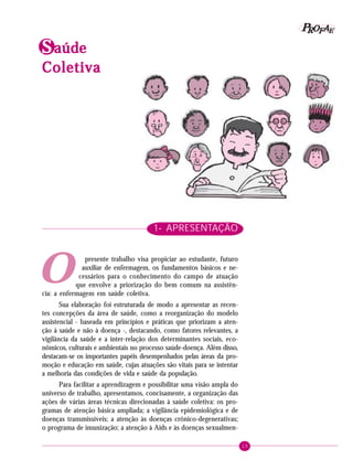 15
PPPPP EEEEEAAAAARRRRROOOOOFFFFFIdentificando a ação educativa
SSSSSaúaúaúaúaúdedededede
ColetivaColetivaColetivaColetivaColetiva
O
1- APRESENTAÇÃO
presente trabalho visa propiciar ao estudante, futuro
auxiliar de enfermagem, os fundamentos básicos e ne-
cessários para o conhecimento do campo de atuação
que envolve a priorização do bem comum na assistên-
cia: a enfermagem em saúde coletiva.
Sua elaboração foi estruturada de modo a apresentar as recen-
tes concepções da área de saúde, como a reorganização do modelo
assistencial - baseada em princípios e práticas que priorizam a aten-
ção à saúde e não à doença -, destacando, como fatores relevantes, a
vigilância da saúde e a inter-relação dos determinantes sociais, eco-
nômicos, culturais e ambientais no processo saúde-doença. Além disso,
destacam-se os importantes papéis desempenhados pelas áreas da pro-
moção e educação em saúde, cujas atuações são vitais para se intentar
a melhoria das condições de vida e saúde da população.
Para facilitar a aprendizagem e possibilitar uma visão ampla do
universo de trabalho, apresentamos, concisamente, a organização das
ações de várias áreas técnicas direcionadas à saúde coletiva: os pro-
gramas de atenção básica ampliada; a vigilância epidemiológica e de
doenças transmissíveis; a atenção às doenças crônico-degenerativas;
o programa de imunização; a atenção à Aids e às doenças sexualmen-
 
