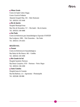 133
PPPPP EEEEEAAAAARRRRROOOOOFFFFF
! Minas Gerais
Centro de Saúde Carlos Chagas
Centro Geral de Pediatria
Alameda Ezequiel Dias, 345 – Belo Horizonte
Tel.: (0XX31) 222-4448
! Rio de Janeiro
Hospital Municipal Jesus
Rua Oito de Dezembro, 717 – Vila Isabel – Rio de Janeiro
Tel.: (0XX21) 569-4088
! São Paulo
Centro de Referência para Imunobiológicos Especiais/UNIFESP
Rua Loefgreen, 1998 – Vila Clementino – São Paulo
Tel.: (0XX11) 576-4325
REGIÃO SUL
! Paraná
Centro de Referência de Imunobiológicos
Rua Barão do Rio Branco, 465 – Curitiba
Tel.: (0XX41) 322-2299
! Rio Grande do Sul
Hospital Sanatório Partenon
Rua Bento Gonçalves, 3722 – Partenon – Porto Alegre
Tel.: (0XX51) 336-5200
! Santa Catarina
Hospital Joana de Gusmão
Rua Rui Barbosa, s/n – Agronomia – Florianópolis
Tel.: (0XX48) 228-900
 