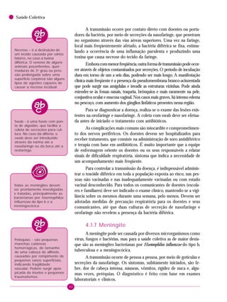 42
Saúde Coletiva
A transmissão ocorre por contato direto com doentes ou porta-
dores da bactéria, por meio de secreções da nasofaringe, que penetram
no organismo através das vias aéreas superiores. Uma vez na faringe,
local mais freqüentemente afetado, a bactéria diftérica se fixa, estimu-
lando a ocorrência de uma inflamação purulenta e produzindo uma
toxina que causa necrose do tecido da faringe.
Emboracommenorfreqüência,outraformadetransmissãopodeocor-
rer através de objetos contaminados por secreções. O período de incubação
dura em torno de um a seis dias, podendo ser mais longo. A manifestação
clínica mais freqüente é a presença da pseudomembrana branco-acinzentada
que pode surgir nas amígdalas e invadir as estruturas vizinhas. Pode ainda
estender-se às fossas nasais, traquéia, brônquios e mais raramente na pele,
conjuntiva ocular e mucosa vaginal. Nos casos mais graves, há intenso edema
no pescoço, com aumento dos gânglios linfáticos presentes nessa região.
Para se diagnosticar a doença, realiza-se o exame das lesões exis-
tentes na orofaringe e nasofaringe. A coleta com swab deve ser efetua-
da antes de iniciado o tratamento com antibióticos.
As complicações mais comuns são miocardite e comprometimen-
to dos nervos periféricos. Os doentes devem ser hospitalizados para
receber tratamento, que consiste na administração de soro antidiftérico
e terapia com base em antibióticos. É muito importante que a equipe
de enfermagem oriente os doentes ou os seus responsáveis a relatar
sinais de dificuldade respiratória, sintoma que indica a necessidade de
um acompanhamento mais freqüente.
Para controlar a transmissão da doença, é indispensável adminis-
trar o toxóide diftérico em toda a população exposta ao risco, nas pes-
soas não vacinadas e nas inadequadamente vacinadas ou com estado
vacinal desconhecido. Para todos os comunicantes de doentes (escola-
res e familiares) deve ser indicado o exame clínico, mantendo-se a vigi-
lância sobre os mesmos durante uma semana, pelo menos. Devem ser
adotadas medidas de precaução respiratória para os doentes e seus
comunicantes, até que duas culturas de secreção de nasofaringe e
orofaringe não revelem a presença da bactéria diftérica.
4.1.7 Meningite
A meningite pode ser causada por diversos microrganismos como
vírus, fungos e bactérias, mas para a saúde coletiva as de maior desta-
que são as meningites bacterianas por Haemophilus influenzae do tipo b,
tuberculosa e a meningocócica.
A transmissão ocorre de pessoa a pessoa, por meio de gotículas e
secreções da nasofaringe. Os sintomas, subitamente iniciados, são fe-
bre, dor de cabeça intensa, náuseas, vômitos, rigidez de nuca e, algu-
mas vezes, petéquias. O diagnóstico é feito com base em exames
laboratoriais e clínicos.
Necrose – é a destruição de
um tecido causada por vários
fatores, no caso a toxina
diftérica. O veneno de alguns
animais peçonhentos, quei-
maduras de 3o
grau ou pres-
são prolongada sobre uma
superfície corpórea são alguns
tipos de agentes capazes de
causar a necrose tecidual.
Swab - é uma haste com pon-
ta de algodão, que facilita a
coleta de secreções para cul-
tura. No caso da difteria, o
swab deve ser introduzido
através da narina até a
nasofaringe ou da boca até a
orofaringe.
Todas as meningites devem
ser prontamente investigadas
e tratadas, principalmente as
bacterianas por Haemophilus
influenzae do tipo b e a
meningocócica.
Petéquias - são pequenas
manchas cutâneas
hemorrágicas, do tamanho
de uma cabeça de alfinete,
causadas por rompimento de
pequenos vasos superficiais,
indicando fragilidade
vascular. Podem surgir após
picada de insetos e pequenos
traumatismos.
 