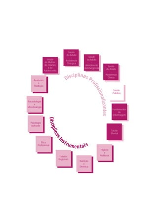 Parasitologia
e
Microbiologia
Psicologia
Aplicada
Ética
Profissional
Estudos
Regionais
Nutrição
e
Dietética
Higiene
e
Profilaxia
Fundamentos
de
Enfermagem
Saúde
Coletiva
Saúde
do Adulto
-
Assistência
Clínica
Saúde
do Adulto
-
Atendimento
de Emergência
Saúde
do Adulto
-
Assistência
Cirúrgica
Saúde
da Mulher,
da Criança
e do
Adolescente
DisciplinasI
nstrumentais
Disciplinas Pr
ofissionalizantes
Anatomia
e
Fisiologia
Saúde
Mental
 