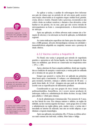 72
Saúde Coletiva
Ao aplicar a vacina, o auxiliar de enfermagem deve informar
aos pais da criança que no período de até seis meses pode ocorrer
uma reação, observando-se as seguintes etapas: nódulo local, pústula,
crosta, úlcera e cicatriz. Durante todo o processo, recomenda-se não
cobrir a lesão ou realizar curativos; e durante a fase ulcerativa, evitar
banhar-se em piscina, rio ou mar, para que não ocorra entrada de
microrganismos na lesão e, conseqüentemente, o desenvolvimento
de infecção.
Após sua aplicação, os efeitos adversos mais comuns são a for-
mação de abcesso e/ou ulceração no local de aplicação, ou linfadenite
regional.
As contra-indicações específicas são baixo peso da criança (infe-
rior a 2.000 gramas), afecções dermatológicas extensas em atividade e
imunodeficiência adquirida ou congênita, mesmo sem a presença de
sinais clínicos.
6.3.2 Vacina contra a hepatite B
No Brasil, esta vacina é preparada por método de engenharia
genética e apresenta-se sob forma líquida, em frasco-ampola de dose
única ou multidose, que deverá ser conservada em temperatura entre
+ 2ºC e + 8ºC.
Após a abertura do frasco-ampola multidose, desde que respeita-
das as condições de assepsia e conservação, a vacina pode ser utilizada
até o término de seu prazo de validade.
Sempre que possível, a vacina deve ser aplicada nas primeiras
doze horas após o nascimento. O volume a ser administrado é 0,5ml
para neonatos, lactentes, crianças e adultos menores de 20 anos - a
partir desta idade, de 1,0 ml - dosagem esta que pode ser alterada de
acordo com as especificações do laboratório produtor.
Considerando-se que nos grupos de risco (renais crônicos,
politransfundidos, hemofílicos, etc.) ocorre menor produção de
anticorpos, indica-se a administração do dobro da dose, ou seja, 2,0ml
para adultos e 1,0ml para crianças.
A via de administração é intramuscular. Nos menores de 2 anos,
na face lateral da coxa. Em crianças maiores e adultos, na região do
deltóide, na face externa superior do braço - neste grupo deve-se evitar
a administração na região glútea, pois, muitas vezes, a vacina não é
inoculada no interior do músculo, mas sim no tecido adiposo, o que
diminui a resposta imunológica.
Após sua aplicação, nas primeiras 48 a 72 horas os efeitos adver-
sos mais comuns são mal-estar, cefaléia, febre baixa e fadiga.
Linfadenite regional – é a in-
flamação dos gânglios linfáti-
cos; neste caso, os da região
axilar.
A vacina BCG-ID não deve ser
aplicada em gestantes, por
ser constituída de vírus vivo
atenuado.
A vacina oral contra a polio-
mielite (VOP) é também co-
nhecida como vacina Sabin,
em homenagem a seu cria-
dor, Albert Sabin.
 