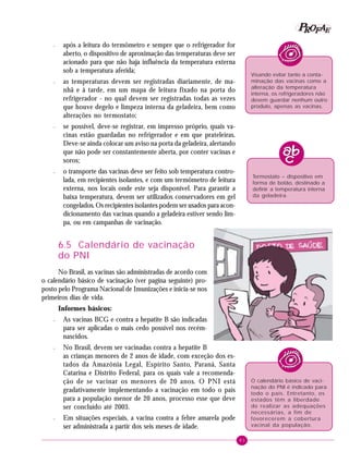 81
PPPPP EEEEEAAAAARRRRROOOOOFFFFF
– após a leitura do termômetro e sempre que o refrigerador for
aberto, o dispositivo de aproximação das temperaturas deve ser
acionado para que não haja influência da temperatura externa
sob a temperatura aferida;
– as temperaturas devem ser registradas diariamente, de ma-
nhã e à tarde, em um mapa de leitura fixado na porta do
refrigerador - no qual devem ser registradas todas as vezes
que houve degelo e limpeza interna da geladeira, bem como
alterações no termostato;
– se possível, deve-se registrar, em impresso próprio, quais va-
cinas estão guardadas no refrigerador e em que prateleiras.
Deve-se ainda colocar um aviso na porta da geladeira, alertando
que não pode ser constantemente aberta, por conter vacinas e
soros;
– o transporte das vacinas deve ser feito sob temperatura contro-
lada, em recipientes isolantes, e com um termômetro de leitura
externa, nos locais onde este seja disponível. Para garantir a
baixa temperatura, devem ser utilizados conservadores em gel
congelados. Os recipientes isolantes podem ser usados para acon-
dicionamento das vacinas quando a geladeira estiver sendo lim-
pa, ou em campanhas de vacinação.
6.5 Calendário de vacinação
do PNI
No Brasil, as vacinas são administradas de acordo com
o calendário básico de vacinação (ver pagina seguinte) pro-
posto pelo Programa Nacional de Imunizações e inicia-se nos
primeiros dias de vida.
Informes básicos:
– As vacinas BCG e contra a hepatite B são indicadas
para ser aplicadas o mais cedo possível nos recém-
nascidos.
– No Brasil, devem ser vacinadas contra a hepatite B
as crianças menores de 2 anos de idade, com exceção dos es-
tados da Amazônia Legal, Espírito Santo, Paraná, Santa
Catarina e Distrito Federal, para os quais vale a recomenda-
ção de se vacinar os menores de 20 anos. O PNI está
gradativamente implementando a vacinação em todo o país
para a população menor de 20 anos, processo esse que deve
ser concluído até 2003.
– Em situações especiais, a vacina contra a febre amarela pode
ser administrada a partir dos seis meses de idade.
Termostato – dispositivo em
forma de botão, destinado a
definir a temperatura interna
da geladeira.
Visando evitar tanto a conta-
minação das vacinas como a
alteração da temperatura
interna, os refrigeradores não
devem guardar nenhum outro
produto, apenas as vacinas.
O calendário básico de vaci-
nação do PNI é indicado para
todo o país. Entretanto, os
estados têm a liberdade
de realizar as adequações
necessárias, a fim de
fovorecerem a cobertura
vacinal da população.
 