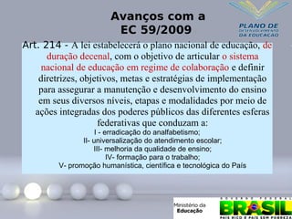 Art. 214 - A lei estabelecerá o plano nacional de educação, de
duração decenal, com o objetivo de articular o sistema
nacional de educação em regime de colaboração e definir
diretrizes, objetivos, metas e estratégias de implementação
para assegurar a manutenção e desenvolvimento do ensino
em seus diversos níveis, etapas e modalidades por meio de
ações integradas dos poderes públicos das diferentes esferas
federativas que conduzam a:
I - erradicação do analfabetismo;
II- universalização do atendimento escolar;
III- melhoria da qualidade de ensino;
IV- formação para o trabalho;
V- promoção humanística, científica e tecnológica do País
Avanços com a
EC 59/2009
 