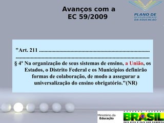 "Art. 211 .................................................................................
..................................................................................................
§ 4º Na organização de seus sistemas de ensino, a União, os
Estados, o Distrito Federal e os Municípios definirão
formas de colaboração, de modo a assegurar a
universalização do ensino obrigatório."(NR)
Avanços com a
EC 59/2009
 