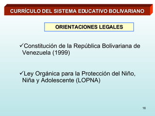 Constitución de la República Bolivariana de Venezuela (1999) Ley Orgánica para la Protección del Niño, Niña y Adolescente (LOPNA) CURRÍCULO DEL SISTEMA EDUCATIVO BOLIVARIANO ORIENTACIONES LEGALES 