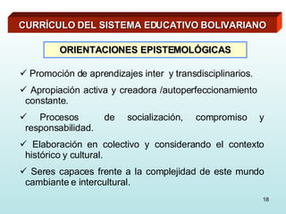 Promoción de aprendizajes inter  y transdisciplinarios. Apropiación activa y creadora /autoperfeccionamiento  constante. Procesos  de socialización, compromiso y responsabilidad. Elaboración en colectivo y considerando el contexto histórico y cultural. Seres capaces frente a la complejidad de este mundo cambiante e intercultural. CURRÍCULO DEL SISTEMA EDUCATIVO BOLIVARIANO ORIENTACIONES EPISTEMOLÓGICAS 