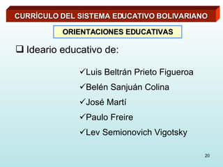 Ideario educativo de: Luis Beltrán Prieto Figueroa Belén Sanjuán Colina José Martí Paulo Freire Lev Semionovich Vigotsky CURRÍCULO DEL SISTEMA EDUCATIVO BOLIVARIANO ORIENTACIONES EDUCATIVAS 