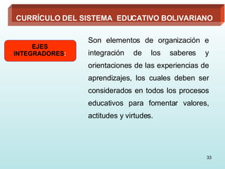 Son elementos de organización e integración de los saberes y orientaciones de las experiencias de aprendizajes, los cuales deben ser considerados en todos los procesos educativos para fomentar valores, actitudes y virtudes. CURRÍCULO DEL SISTEMA  EDUCATIVO BOLIVARIANO EJES   INTEGRADORES : 