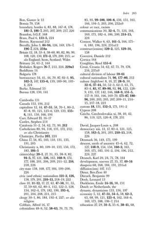 Index 265
Bon, Gustav le 13
Bosnia 79, 158
boundary, border 6, 83, 88, 167–8, 178,
181–3, 186–7, 205, 207, 209, 217, 226
Brandon, S.G.F. 168
Brass, Paul 6, 153–5, 224
Breton, Raymond 212
Breuilly, John 5, 84–94, 126, 169, 176–7,
196–7, 224, 234n
Britain 12, 18, 53–4, 58–60, 80, 82, 86, 90,
108, 120, 130, 171–2, 179, 200, 215; see
also England; Scots, Scotland; Wales
Brittany 54, 61–2, 164
Brubaker, Rogers 76–7, 212, 224, 229n3
Buddhism 14
Bulgaria 178
bureaucracy 34, 41, 44, 70, 87, 92–3, 95,
102–3, 107, 135–6, 139, 189–90, 193–
4, 224
Burke, Edmund 53
Burma 128, 130, 141
Cambodia 131
Canada 153, 194, 212
capitalism 12, 44, 47–55, 58, 70–1, 80–2,
87–8, 93, 121, 125–6, 129, 133, 135–
6, 141, 150, 166, 194
Carr, Edward H. 16–17
Castles, Stephen 214
Catalonia 51–2, 54, 62, 73, 90, 212
Catholicism 80, 94, 118, 131, 172, 212;
see also Christianity
Chatterjee, Partha 203, 224
China 17, 56, 85, 103, 110, 131, 133,
191, 205
Christianity x, 80, 109–10, 133, 150, 172,
183, 184–5
citizen(ship) 20–1, 27, 31, 35, 38–9, 82,
94–5, 97, 121, 126, 165, 168–9, 172,
177, 188, 201, 206, 209, 211–12, 216,
218, 226
city-state 138, 168, 177, 184, 199–200,
226
civic (and ethnic) nationalism 121–2, 126,
158, 179, 201, 210–13, 218–19, 222
class 10, 11–12, 17, 27, 42, 47–50, 51, 55,
57, 59–60, 62, 80–1, 112, 122–3, 128,
154, 162–4, 179, 182, 190, 193–4,
201, 204, 208, 211, 215
clergy 30–1, 86, 184, 192–4, 227; see also
religion
Cobban, Alfred 16, 17
colonialism 48–9, 52, 58–63, 70, 73, 79,
85, 93, 99–100, 106–8, 136, 151, 161,
166, 194–5, 203, 206, 232n9
colour see race, racism
communications 30, 32–4, 71, 124, 164,
169, 173, 182–4, 186, 200, 214–15,
224
Connor, Walker 6, 63, 161–5, 166, 175–
6, 180, 196, 224, 231n12
construct(ionism) 120–2, 125, 129–31,
158
Conversi, Daniele 212
Corsica 164
Coughlan, Reed 155–6
Croat, Croatia 54, 62, 67, 73, 79, 178,
216, 237n9
cultural division of labour 59–61
cultural nationalism 74, 90, 177–80, 212
culture (high/low) 8, 10, 27, 28–9, 30,
32–6, 37–44, 50, 52–3, 62–3, 65, 75,
83–4, 85, 87, 89–90, 92, 94, 122, 128–
9, 131, 137, 142, 146, 148–9, 151–5,
157–9, 161, 166, 169–70, 175–87, 188–
96, 200, 203, 205, 207, 209–11, 214–
15, 217–18, 223
custom 18, 131, 152–3, 175, 191–2
Cyprus 208
Czechs, Czechoslovakia xi, 38, 40, 42,
86, 119, 123, 126–8, 178, 231
David, Jacques-Louis x, 208
democracy xiii, 12, 17, 83–4, 121, 125,
158, 163–5, 201, 205, 210–13, 218,
226
Denmark 36, 149, 173, 199
descent, myth of ancestry 45–6, 62, 72,
127, 148–9, 154, 156, 160–2, 165,
169, 175, 183, 191–2, 194, 196, 212,
224, 227
Deutsch, Karl 20, 24, 71, 78, 164
development, uneven 27, 35, 37, 49–54
diaspora 68, 168, 184, 191, 231n4
diffusion(ism) 107, 115
Dinur, Ben-Zion 40
Disraeli, Benjamin 99
Doob, Leonard 13
Durkheim, Emile 14–16, 98, 151
Dutch see Netherlands, the
dynasty, dynasticism 133, 136, 197
economy 5, 12, 47–51, 54–5, 58, 62–3,
65, 68, 99, 121, 123–4, 162, 164–6,
169, 173, 188, 196–7, 214
education 27, 29, 31–3, 35–6, 38–41, 68,
 