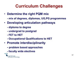Strategic PartnershipsIndustry, stakeholder community	- to ensure curriculum responsivenessSETAs	- sector skills plan, learnership opportunitiesFET Colleges	- collaboration around Level 5 qualifications	- access and articulation15