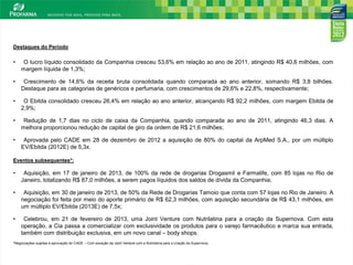 Destaques do Período

•    O lucro líquido consolidado da Companhia cresceu 53,6% em relação ao ano de 2011, atingindo R$ 40,6 milhões, com
    margem líquida de 1,3%;

•    Crescimento de 14,6% da receita bruta consolidada quando comparada ao ano anterior, somando R$ 3,8 bilhões.
    Destaque para as categorias de genéricos e perfumaria, com crescimentos de 29,6% e 22,8%, respectivamente;

•    O Ebitda consolidado cresceu 26,4% em relação ao ano anterior, alcançando R$ 92,2 milhões, com margem Ebitda de
    2,9%;

•    Redução de 1,7 dias no ciclo de caixa da Companhia, quando comparada ao ano de 2011, atingindo 46,3 dias. A
    melhora proporcionou redução de capital de giro da ordem de R$ 21,6 milhões;

•    Aprovada pelo CADE em 28 de dezembro de 2012 a aquisição de 80% do capital da ArpMed S.A., por um múltiplo
    EV/Ebitda (2012E) de 5,3x.

Eventos subsequentes*:

•    Aquisição, em 17 de janeiro de 2013, de 100% da rede de drogarias Drogasmil e Farmalife, com 85 lojas no Rio de
    Janeiro, totalizando R$ 87,0 milhões, a serem pagos líquidos dos saldos de dívida da Companhia;

•    Aquisição, em 30 de janeiro de 2013, de 50% da Rede de Drogarias Tamoio que conta com 57 lojas no Rio de Janeiro. A
    negociação foi feita por meio do aporte primário de R$ 62,3 milhões, com aquisição secundária de R$ 43,1 milhões, em
    um múltiplo EV/Ebitda (2013E) de 7,5x;

•    Celebrou, em 21 de fevereiro de 2013, uma Joint Venture com Nutrilatina para a criação da Supernova. Com esta
    operação, a Cia passa a comercializar com exclusividade os produtos para o varejo farmacêutico e marca sua entrada,
    também com distribuição exclusiva, em um novo canal – body shops.
*Negociações sujeitas à aprovação do CADE – Com exceção da Joint Venture com a Nutrilatina para a criação da Supernova.    3
 