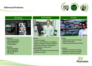 Farmácias - 49 anos de atuação; - 2.000 colaboradores; - Mix de 8.500 itens;  - 31.000 clientes. Hospitalar - 5 anos de atuação; - 100 colaboradores; - Mix de 1.500 itens; - 700 clientes. Distribuição Clínicas - 5 anos de atuação; - Vacinas, dermatológicos e oncológico; - Sistema (cotação) e equipes exclusivas; - 500 clientes (clínicas e consultórios); - Gerenciamento cadeia de frio (WHO/ANVISA); - Logística de entrega com controle de lote, temperatura e seviço . Serviços Varejo Auditoria dos Pontos de Vendas; Cartão  Private Label ; Programa de Prevenção de Perdas.   Indústria Auditoria dos Pontos de Vendas; Expertise nos Pontos de Vendas; Equipe de vendas terceirizadas. Especialidades Diferencial Profarma 