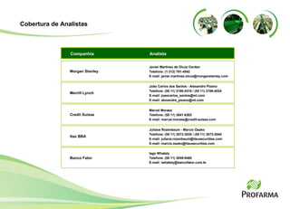 Javier Martinez de Olcoz Cerdan  Telefone: (1 212) 761-4542  E-mail: javier.martinez.olcoz@morganstanley.com Morgan Stanley Analista Companhia João Carlos dos Santos - Alexandre Pizano Telefone: (55 11) 2188-4316 / (55 11) 2188-4024 E-mail: joaocarlos_santos@ml.com E-mail: alexandre_pizano@ml.com Merrill Lynch Marcel Moraes Telefone: (55 11) 3841-6302 E-mail: marcel.moraes@credit-suisse.com Credit Suisse Juliana Rozenbaum - Marcio Osako Telefone: (55 11) 3073-3035 / (55 11) 3073-3040 E-mail: juliana.rozenbaum@itausecurities.com E-mail: marcio.osako@itausecurities.com Itaú BBA Iago Whately Telefone: (55 11) 3049-9480 E-mail: iwhately@bancofator.com.br Banco Fator Cobertura de Analistas 