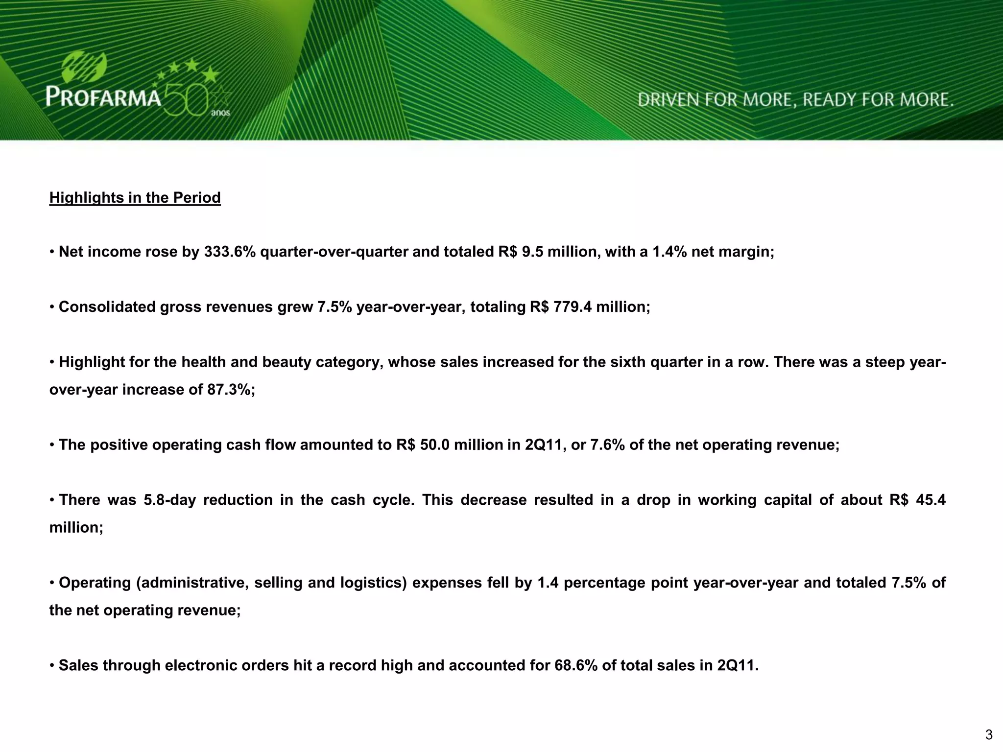 Highlights in the Period


• Net income rose by 333.6% quarter-over-quarter and totaled R$ 9.5 million, with a 1.4% net margin;


• Consolidated gross revenues grew 7.5% year-over-year, totaling R$ 779.4 million;


• Highlight for the health and beauty category, whose sales increased for the sixth quarter in a row. There was a steep year-
over-year increase of 87.3%;


• The positive operating cash flow amounted to R$ 50.0 million in 2Q11, or 7.6% of the net operating revenue;


• There was 5.8-day reduction in the cash cycle. This decrease resulted in a drop in working capital of about R$ 45.4
million;


• Operating (administrative, selling and logistics) expenses fell by 1.4 percentage point year-over-year and totaled 7.5% of
the net operating revenue;


• Sales through electronic orders hit a record high and accounted for 68.6% of total sales in 2Q11.



                                                                                                                                3   3
 