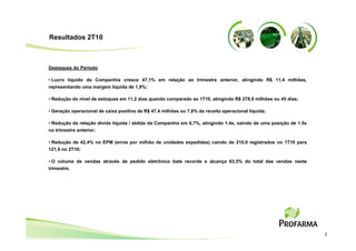 Resultados 2T10



Destaques do Período

• Lucro líquido da Companhia cresce 47,1% em relação ao trimestre anterior, atingindo R$ 11,4 milhões,
representando uma margem líquida de 1,9%;

• Redução do nível de estoques em 11,2 dias quando comparado ao 1T10, atingindo R$ 278,9 milhões ou 45 dias;

• Geração operacional de caixa positiva de R$ 47,4 milhões ou 7,8% da receita operacional líquida;

• Redução da relação dívida líquida / ebitda da Companhia em 6,7%, atingindo 1.4x, saindo de uma posição de 1.5x
no trimestre anterior;

• Redução de 42,4% no EPM (erros por milhão de unidades expedidas) caindo de 210,0 registrados no 1T10 para
121,0 no 2T10;

• O volume de vendas através de pedido eletrônico bate recorde e alcança 63,5% do total das vendas neste
trimestre.




                                                                                                                   2
 