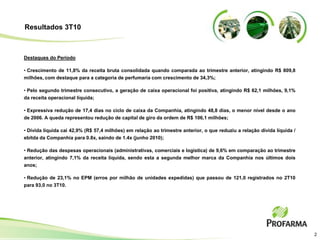 Resultados 3T10



Destaques do Período

• Crescimento de 11,8% da receita bruta consolidada quando comparada ao trimestre anterior, atingindo R$ 809,8
milhões, com destaque para a categoria de perfumaria com crescimento de 34,3%;

• Pelo segundo trimestre consecutivo, a geração de caixa operacional foi positiva, atingindo R$ 62,1 milhões, 9,1%
da receita operacional líquida;

• Expressiva redução de 17,4 dias no ciclo de caixa da Companhia, atingindo 48,8 dias, o menor nível desde o ano
de 2006. A queda representou redução de capital de giro da ordem de R$ 106,1 milhões;

• Dívida líquida cai 42,9% (R$ 57,4 milhões) em relação ao trimestre anterior, o que reduziu a relação dívida líquida /
ebitda da Companhia para 0.8x, saindo de 1.4x (junho 2010);

• Redução das despesas operacionais (administrativas, comerciais e logística) de 9,6% em comparação ao trimestre
anterior, atingindo 7,1% da receita líquida, sendo esta a segunda melhor marca da Companhia nos últimos dois
anos;

• Redução de 23,1% no EPM (erros por milhão de unidades expedidas) que passou de 121,0 registrados no 2T10
para 93,0 no 3T10.




                                                                                                                          2
 