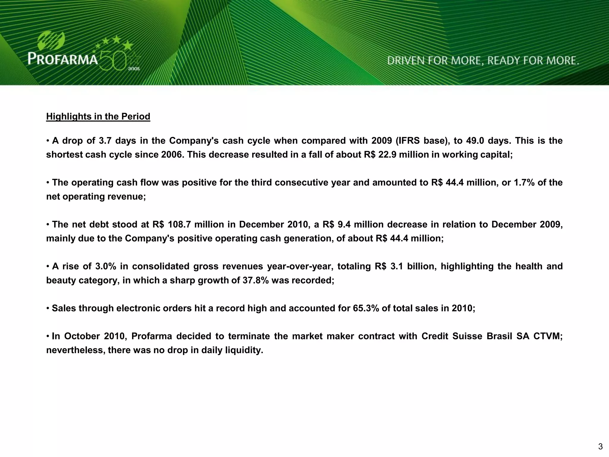 Highlights in the Period

• A drop of 3.7 days in the Company's cash cycle when compared with 2009 (IFRS base), to 49.0 days. This is the
shortest cash cycle since 2006. This decrease resulted in a fall of about R$ 22.9 million in working capital;

• The operating cash flow was positive for the third consecutive year and amounted to R$ 44.4 million, or 1.7% of the
net operating revenue;

• The net debt stood at R$ 108.7 million in December 2010, a R$ 9.4 million decrease in relation to December 2009,
mainly due to the Company's positive operating cash generation, of about R$ 44.4 million;

• A rise of 3.0% in consolidated gross revenues year-over-year, totaling R$ 3.1 billion, highlighting the health and
beauty category, in which a sharp growth of 37.8% was recorded;

• Sales through electronic orders hit a record high and accounted for 65.3% of total sales in 2010;

• In October 2010, Profarma decided to terminate the market maker contract with Credit Suisse Brasil SA CTVM;
nevertheless, there was no drop in daily liquidity.




                                                                                                                        3
 