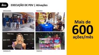 EXECUÇÃO DE PDV | Ativações
Mais de
ações/mês
600
DROGASMIL
FARMALIFE
ROSÁRIO
TAMOIO
 