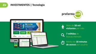INVESTIMENTOS | Tecnologia
Mais de 50 mil
visitantes por mês
7 milhões de
buscas mensais
Média de 18 minutos
de acesso por usuário
 