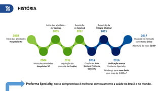 HISTÓRIA
2003
Início das atividades
Hospitalar RJ
2004
Início das atividades
Hospitalar SP
2011
Aquisição do
controle da Prodiet
2014
Criação da Joint
Venture Profarma
Specialty
Início das atividades
de Vacinas
2005
Aquisição
da Arpmed
2012
Aquisição da
Íntegra Medical
2015
2017
Atuação no mercado
com marca única
Abertura do novo CD SP
2016
Unificação marca
Profarma Specialty
Mudança para nova Sede
com mais de 3.000m²
Profarma Specialty, nosso compromisso é melhorar continuamente a saúde no Brasil e no mundo.
 