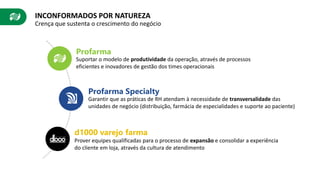 INCONFORMADOS POR NATUREZA
Crença que sustenta o crescimento do negócio
Suportar o modelo de produtividade da operação, através de processos
eficientes e inovadores de gestão dos times operacionais
Profarma
Garantir que as práticas de RH atendam à necessidade de transversalidade das
unidades de negócio (distribuição, farmácia de especialidades e suporte ao paciente)
Profarma Specialty
Prover equipes qualificadas para o processo de expansão e consolidar a experiência
do cliente em loja, através da cultura de atendimento
d1000 varejo farma
 