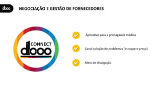 NEGOCIAÇÃO E GESTÃO DE FORNECEDORES
Aplicativo para a propaganda médica
Canal solução de problemas (estoque e preço)
Meio de divulgação
 
