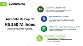 CAPITALIZAÇÃO
Aumento de Capital
R$ 350 Milhões
AmerisourceBergen comprometida a subscrever um
montante mínimo de R$ 200 milhões
GARANTIDO em R$ 200 milhões
Profarma Specialty, avaliada em, aproximadamente,
R$ 120 milhões, receberá um aumento de capital de
R$ 50 milhões
APORTE na Profarma Specialty
AGE será convocada pelo Conselho de Administração da
Companhia oportunamente
EXCLUSÃO dos artigos 41 e 49 do Estatuto Social
sujeito à condição para aprovação pelo Conselho
Administrativo de Defesa Econômica – CADE (“CADE”)
• Desalavancagem da Companhia
• Crescimento orgânico sustentável no varejo
• Retorno a lucratividade
DESTINAÇÃO DOS RECURSOS
 
