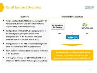32
• Tamoio was founded in 1954 and was managed by Mr.
Roney and Mr. Rossine until 2013 when Profarma
acquired a 50% stake in the company;
• Headquartered in Niterói (RJ), the company is one of
the fastest growing drugstore chains in the
metropolitan area of Rio de Janeiro, with gross
revenue CAGR of 16.7% from 2010 to 2013;
• Strong presence in the H&B and cosmetics segments,
which account for over 40% of gross revenue;
• Retail platform comprises 60 stores located in the state
of Rio de Janeiro;
• In 2013, gross revenue and EBITDA totaled R$ 357.6
million and R$ 17.2 million (4.8% margin), respectively.
Mr. Roney and
Mr. Rossine
50% 50%
The remaining 50% of Tamoio’s capital will be
acquired by Profarma, anytime at its sole
discretion, for a multiple of 7.5x EV/EBITDA LTM
Retail Tamoio | Overview
Overview Shareholders’ Structure
 