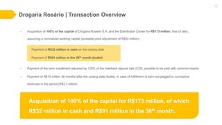 Drogaria Rosário | Transaction Overview
12
• Acquisition of 100% of the capital of Drogaria Rosário S.A. and the Distribution Center for R$173 million, free of debt,
assuming a normalized working capital (probable price adjustment of R$50 million)
Payment of R$32 million in cash on the closing date
Payment of R$91 million in the 36th month (bullet)
• Payment of the term installment adjusted by 120% of the interbank deposit rate (CDI), possible to be paid with common shares
• Payment of R$15 million 36 months after the closing date (bullet), in case of fulfillment of earn-out pegged to cumulative
revenues in the period (R$2.3 billion)
Acquisition of 100% of the capital for R$173 million, of which
R$32 million in cash and R$91 million in the 36th month.
 
