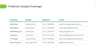 Profarma | Analyst Coverage
23
Company Analyst Telephone E-mail
Brasil Plural Guilherme Assis +55 (11) 3206 8285 guilherme.assis@brasilplural.com.br
BTG Pactual Rodrigo Gastim +55 (11) 3383-2468 rodrigo.gastim@btgpactual.com
BofA Merrill Lynch Roberto Otero +55 (11) 2188 4119 roberto.otero@baml.com
Votorantim Paulo Prado +55 (11) 5171 5625 paulo.prado@votorantimcorretora.com.br
J.P. Morgan Joseph Giordano +55 (11) 4950-3020 joseph.giordano@jpmresearchmail.com
Eleven Financial Raul Grego Lemos +55 (11) 4302-3340 rg@elevenfinancial.com
 