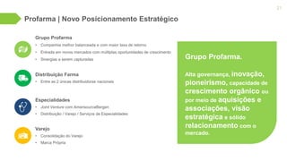 Profarma | Novo Posicionamento Estratégico
21
Especialidades
• Joint Venture com AmerisourceBergen
• Distribuição / Varejo / Serviços de Especialidades
Grupo Profarma
• Companhia melhor balanceada e com maior taxa de retorno
• Entrada em novos mercados com múltiplas oportunidades de crescimento
• Sinergias a serem capturadas
Varejo
• Consolidação do Varejo
• Marca Própria
Distribuição Farma
• Entre as 2 únicas distribuidoras nacionais
Grupo Profarma.
Alta governança, inovação,
pioneirismo, capacidade de
crescimento orgânico ou
por meio de aquisições e
associações, visão
estratégica e sólido
relacionamento com o
mercado.
 