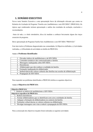 4
1. SUMÁRIO EXECUTIVO
Faz-se neste Sumário Executivo a uma apresentação breve da informação relevante que consta no
Relatório da Avaliação do Programa “Família sem Analfabetismo e sem HIV/SIDA” (PROFASA). Os
tópicos aqui condensados incluem apresentação e análise dos resultados da avaliação, conclusões e
recomendações.
Antes de tudo, e a título introdutório, dá-se de imediato a conhecer brevemente alguns dos traços
essenciais do programa.
Breve apresentação do Programa Família Sem Analfabetismo e sem HIV/SIDA “PROFASA”
Este item inclui a) Problemas diagnosticados nas comunidades, b) Objectivos definidos; c) Actividades
realizadas, e, d) Resultados de actividades no âmbito de PROFASA.
Tabela 1: Problemas Identificados
1. Elevados índices de analfabetismo e de HIV/SIDA
2. Conteúdos temáticos não contextualizados a família
3. Mensagens inadequadas sobre HIV/SIDA
4. Desistências
5. Alfabetizador que não conhece a realidade da família
6. Formação inadequada do alfabetizador
7. Inobservância dos valores culturais das famílias nas sessões de alfabetização
8. Propagação do HIV/SIDA
Para responder aos problemas identificados o PROFASA definiu os seguintes objectivos:
Tabela 2: Objectivos do PROFASA
Objectivo PROFASA
1. Reduzir os índices de analfabetismo e HIV/SIDA
Objectivos específicos do PROFASA
1. Reduzir desistências
2. Formar alfabetizadores que se identificam com com a realidades da família
3. Adequar a formação de alfabetizadores no contexto da família
4. Estimular a observâncias os valores culturais na alfabetização
5. Divulgar mensagens com vista a reduzir a propagação do HIV/SIDA
Para a consecução dos objectivos traçados foram realizadas as seguintes actividades
 