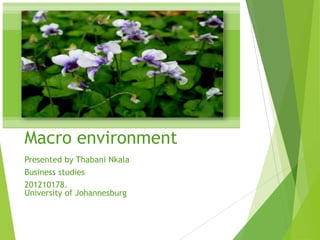 Macro environment
Presented by Thabani Nkala
Business studies
201210178.
University of Johannesburg

 