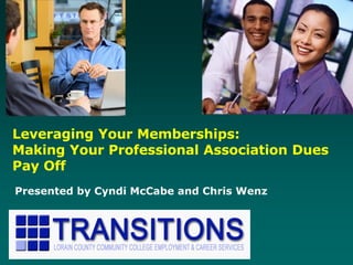 Leveraging Your Memberships:
Making Your Professional Association Dues
Pay Off
Presented by Cyndi McCabe and Chris Wenz
 