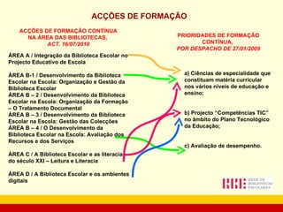 ACÇÕES DE FORMAÇÃO ÁREA A / Integração da Biblioteca Escolar no Projecto Educativo de Escola ÁREA B-1 / Desenvolvimento da Biblioteca Escolar na Escola: Organização e Gestão da Biblioteca Escolar ÁREA B – 2 / Desenvolvimento da Biblioteca Escolar na Escola: Organização da Formação – O Tratamento Documental ÁREA B – 3 / Desenvolvimento da Biblioteca Escolar na Escola: Gestão das Colecções ÁREA B – 4 / O Desenvolvimento da Biblioteca Escolar na Escola: Avaliação dos Recursos e dos Serviços ÁREA C / A Biblioteca Escolar e as literacias do século XXI – Leitura e Literacia ÁREA D / A Biblioteca Escolar e os ambientes digitais a) Ciências de especialidade que constituam matéria curricular nos vários níveis de educação e ensino;    b) Projecto “Competências TIC” no âmbito do Plano Tecnológico da Educação; c) Avaliação de desempenho. PRIORIDADES DE FORMAÇÃO CONTÍNUA,  POR DESPACHO DE 27/01/2009 ACÇÕES DE FORMAÇÃO CONTÍNUA NA ÁREA DAS BIBLIOTECAS,  ACT. 16/07/2010 