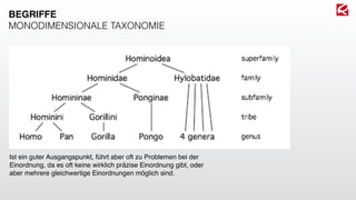 Ist ein guter Ausgangspunkt, führt aber oft zu Problemen bei der
Einordnung, da es oft keine wirklich präzise Einordnung gibt, oder
aber mehrere gleichwertige Einordnungen möglich sind.
BEGRIFFE
MONODIMENSIONALE TAXONOMIE
 