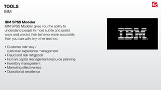 IBM SPSS Modeler
IBM SPSS Modeler gives you the ability to
understand people in more subtle and useful
ways and predict their behavior more accurately
than you can with any other method.
• Customer intimacy / 
customer experience management
• Fraud and risk mitigation
• Human capital management/resource planning
• Inventory management
• Marketing effectiveness
• Operational excellence
TOOLS
IBM
 
