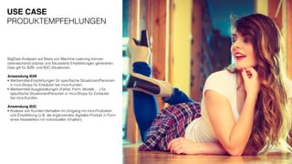 BigData Analysen auf Basis von Machine Learning können 
überraschend präzise und fokussierte Empfehlungen generieren.
Dies gilt für B2B- und B2C-Situationen.
Anwendung B2B
• Werbemittel-Empfehlungen für speziﬁsche Situationen/Personen 
in mcs-Shops für Einkäufer bei mcs-Kunden.
• Werbemittel-Ausgestaltungen (Farbe, Form, Modell, …) für 
speziﬁsche Situationen/Personen in mcs-Shops für Einkäufer  
bei mcs-Kunden.
Anwendung B2C
• Analyse von Kunden-Verhalten im Umgang mit mcs-Produkten 
und Empfehlung (z.B. als ergänzendes digitales Produkt in Form 
eines Newsletters mit individuellen Inhalten).
USE CASE
PRODUKTEMPFEHLUNGEN
 