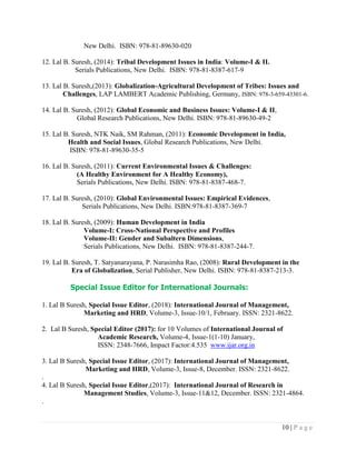 10 | P a g e
New Delhi. ISBN: 978-81-89630-020
12. Lal B. Suresh, (2014): Tribal Development Issues in India: Volume-I & II.
Serials Publications, New Delhi. ISBN: 978-81-8387-617-9
13. Lal B. Suresh,(2013): Globalization-Agricultural Development of Tribes: Issues and
Challenges, LAP LAMBERT Academic Publishing, Germany, ISBN: 978-3-659-43301-6.
14. Lal B. Suresh, (2012): Global Economic and Business Issues: Volume-I & II,
Global Research Publications, New Delhi. ISBN: 978-81-89630-49-2
15. Lal B. Suresh, NTK Naik, SM Rahman, (2011): Economic Development in India,
Health and Social Issues, Global Research Publications, New Delhi.
ISBN: 978-81-89630-35-5
16. Lal B. Suresh, (2011): Current Environmental Issues & Challenges:
(A Healthy Environment for A Healthy Economy),
Serials Publications, New Delhi. ISBN: 978-81-8387-468-7.
17. Lal B. Suresh, (2010): Global Environmental Issues: Empirical Evidences,
Serials Publications, New Delhi. ISBN:978-81-8387-369-7
18. Lal B. Suresh, (2009): Human Development in India
Volume-I: Cross-National Perspective and Profiles
Volume-II: Gender and Subaltern Dimensions,
Serials Publications, New Delhi. ISBN: 978-81-8387-244-7.
19. Lal B. Suresh, T. Satyanarayana, P. Narasimha Rao, (2008): Rural Development in the
Era of Globalization, Serial Publisher, New Delhi. ISBN: 978-81-8387-213-3.
Special Issue Editor for International Journals:
1. Lal B Suresh, Special Issue Editor, (2018): International Journal of Management,
Marketing and HRD, Volume-3, Issue-10/1, February. ISSN: 2321-8622.
2. Lal B Suresh, Special Editor (2017): for 10 Volumes of International Journal of
Academic Research, Volume-4, Issue-1(1-10) January,
ISSN: 2348-7666, Impact Factor:4.535 www.ijar.org.in
3. Lal B Suresh, Special Issue Editor, (2017): International Journal of Management,
Marketing and HRD, Volume-3, Issue-8, December. ISSN: 2321-8622.
.
4. Lal B Suresh, Special Issue Editor,(2017): International Journal of Research in
Management Studies, Volume-3, Issue-11&12, December. ISSN: 2321-4864.
.
 