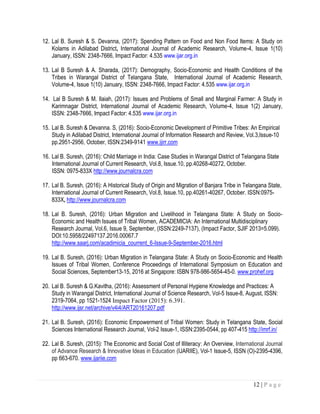 12 | P a g e
12. Lal B. Suresh & S. Devanna, (2017): Spending Pattern on Food and Non Food Items: A Study on
Kolams in Adilabad District, International Journal of Academic Research, Volume-4, Issue 1(10)
January, ISSN: 2348-7666, Impact Factor: 4.535 www.ijar.org.in
13. Lal B Suresh & A. Sharada, (2017): Demography, Socio-Economic and Health Conditions of the
Tribes in Warangal District of Telangana State, International Journal of Academic Research,
Volume-4, Issue 1(10) January, ISSN: 2348-7666, Impact Factor: 4.535 www.ijar.org.in
14. Lal B Suresh & M. Ilaiah, (2017): Issues and Problems of Small and Marginal Farmer: A Study in
Karimnagar District, International Journal of Academic Research, Volume-4, Issue 1(2) January,
ISSN: 2348-7666, Impact Factor: 4.535 www.ijar.org.in
15. Lal B. Suresh & Devanna. S, (2016): Socio-Economic Development of Primitive Tribes: An Empirical
Study in Adilabad District, International Journal of Information Research and Review, Vol.3,Issue-10
pp.2951-2956, October, ISSN:2349-9141 www.ijirr.com
16. Lal B. Suresh, (2016): Child Marriage in India: Case Studies in Warangal District of Telangana State
International Journal of Current Research, Vol.8, Issue.10, pp.40268-40272, October.
ISSN: 0975-833X http://www.journalcra.com
17. Lal B. Suresh, (2016): A Historical Study of Origin and Migration of Banjara Tribe in Telangana State,
International Journal of Current Research, Vol.8, Issue.10, pp.40261-40267, October. ISSN:0975-
833X, http://www.journalcra.com
18. Lal B. Suresh, (2016): Urban Migration and Livelihood in Telangana State: A Study on Socio-
Economic and Health Issues of Tribal Women, ACADEMICIA: An International Multidisciplinary
Research Journal, Vol.6, Issue 9, September, (ISSN:2249-7137), (Impact Factor, SJIF 2013=5.099).
DOI:10.5958/22497137.2016.00067.7
http://www.saarj.com/acadimicia_courrent_6-Issue-9-September-2016.html
19. Lal B. Suresh, (2016): Urban Migration in Telangana State: A Study on Socio-Economic and Health
Issues of Tribal Women, Conference Proceedings of International Symposium on Education and
Social Sciences, September13-15, 2016 at Singapore: ISBN 978-986-5654-45-0. www.prohef.org
20. Lal B. Suresh & G.Kavitha, (2016): Assessment of Personal Hygiene Knowledge and Practices: A
Study in Warangal District, International Journal of Science Research, Vol-5 Issue-8, August, ISSN:
2319-7064, pp 1521-1524 Impact Factor (2015): 6.391.
http://www.ijsr.net/archive/v4i4/ART20161207.pdf
21. Lal B. Suresh, (2016): Economic Empowerment of Tribal Women: Study in Telangana State, Social
Sciences International Research Journal, Vol-2 Issue-1, ISSN:2395-0544, pp 407-415 http://imrf.in/
22. Lal B. Suresh, (2015): The Economic and Social Cost of Illiteracy: An Overview, International Journal
of Advance Research & Innovative Ideas in Education (IJARIIE), Vol-1 Issue-5, ISSN (O)-2395-4396,
pp 663-670. www.ijariie.com
 