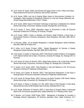 18 | P a g e
82. Lal B. Suresh, M. Suresh, (2008), Coal Demand and Supply Trends in India: A Macro level Study,
Paper presented at AP Economic Conference, held at UPGC, Khammam.
83. Lal B. Suresh, (2008): Land Use & Cropping Pattern Impact on Socio-economic Conditions: An
Investigation, Paper presented at International Conference on Land Use Change, Biodiversity and
Climate Change held at Marthandam, (TN) 6-7 October.
84. Lal B. Suresh, (2008): Impact of Information Technology on Agriculture in Globalization Era, National
Seminar held at Dept. of Economics, Kakatiya University, Warangal (AP), 23-24 February.
85. Lal B. Suresh, E. Suma, (2008): Urbanization Impact on Environment in India, AP Economic
Association Conference 9-10 February, SV University, Thirupathi.
86. Lal B. Suresh, (2008): A Study on Sanitation and Women’s Health Problems in Rural Areas, in
Environmental Concerns of Economic Development, Serial Publications, New Delhi, ISBN. 987-81-
8387-208-9.
87. Lal B.Suresh, (2008): ICT for Disaster Management, in Disaster Management, Serials Publication,
New Delhi, ISBN: 987-81-8387-214-0.
88. K. Anitha, Lal B. Suresh, D.Vasavi, (2008): Disaster Management: An Overview, in Disaster
Management, Serials Publication, New Delhi, ISBN: 987-81-8387-214-0.
89. Lal B. Suresh, G. Sujatha, K. Priyamvada, (2007): Tribal Women’s Health Conditions- An Investigation
in AP, National Seminar held at Dept. of Economics, University PG College, KU, Warangal (AP) 3-4
November.
90. Lal B. Suresh, M. Suresh, M. Ravinder, (2007): Village Pottery Industry in AP; A Case Study, National
Seminar held at Dept. of Economics, University PG College, KU, Warangal (AP) 3-4 November.
91. G. Kavitha, Lal B. Suresh, (2007): Tribal Population in India with Reference to AP, AP Economic
Association Conference 9th September at Bhadrachalam.
92. M. Suresh, Lal B. Suresh, M. Ravinder, (2007): Tribal Agricultural Development: A Case Study in
Warangal District, AP Economic Association Conference 9th September at Bhadrachalam
93. Lal B. Suresh, M. Ramesh Reddy, (2007): Economic and Social Thoughts of MK Gandhi, National
Seminar held at Dept. of Economics, KU, Warangal (AP) 27-28 August.
94. Lal B. Suresh, A. Padma, E. Sumadevi, S.V. Rao, (2007): Status of Girls’ Education- A Case Study,
National Seminar held at Dr BR Ambedkar Open University, Hyderabad (AP) 6-7 July.
95. Lal B. Suresh, M.Ravinder, AV Ramana, (2007): A Case Study on Cropping Pattern in Karimnagar
District of AP, AP Economic Association Silver Jubilee Conference 10-11 February at ANU, Guntur
96. E. Manohar, Lal B Suresh, NVSR Prasad, (2007): Management of Knowledge for Innovation in
Knowledge Intensive Organizations, AP Economic Association Silver Jubilee Conference 10-11
 