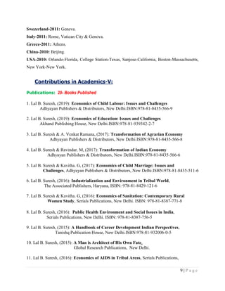 9 | P a g e
Swezerland-2011: Geneva.
Italy-2011: Rome, Vatican City & Genova.
Greece-2011: Athens.
China-2010: Beijing.
USA-2010: Orlando-Florida, College Station-Texas, Sanjose-California, Boston-Massachusetts,
New York-New York.
Contributions in Academics-V:
Publications: 20- Books Published
1. Lal B. Suresh, (2019): Economics of Child Labour: Issues and Challenges
Adhyayan Publishers & Distributors, New Delhi.ISBN:978-81-8435-566-9
2. Lal B. Suresh, (2019): Economics of Education: Issues and Challenges
Akhand Publishing House, New Delhi.ISBN:978-81-939342-2-7
3. Lal B. Suresh & A. Venkat Ramana, (2017): Transformation of Agrarian Economy
Adhyayan Publishers & Distributors, New Delhi.ISBN:978-81-8435-566-8
4. Lal B. Suresh & Ravindar. M, (2017): Transformation of Indian Economy
Adhyayan Publishers & Distributors, New Delhi.ISBN:978-81-8435-566-6
5. Lal B. Suresh & Kavitha. G, (2017): Economics of Child Marriage: Issues and
Challenges, Adhyayan Publishers & Distributors, New Delhi.ISBN:978-81-8435-511-6
6. Lal B. Suresh, (2016): Industrialization and Environment in Tribal World,
The Associated Publishers, Haryana, ISBN: 978-81-8429-121-6
7. Lal B. Suresh & Kavitha. G, (2016): Economics of Sanitation: Contemporary Rural
Women Study, Serials Publications, New Delhi. ISBN: 978-81-8387-771-8
8. Lal B. Suresh, (2016): Public Health Environment and Social Issues in India,
Serials Publications, New Delhi. ISBN: 978-81-8387-756-5
9. Lal B. Suresh, (2015): A Handbook of Career Development Indian Perspectives,
Tanishq Publication House, New Delhi.ISBN:978-81-932006-0-5
10. Lal B. Suresh, (2015): A Man is Architect of His Own Fate,
Global Research Publications, New Delhi.
11. Lal B. Suresh, (2016): Economics of AIDS in Tribal Areas, Serials Publications,
 