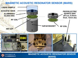 MAGNETIC ACOUSTIC RESONATOR SENSOR (MARS)
LIQUID SAMPLE

ACOUSTIC WAVE                                 PIEZOELECTRIC
  ALUMINISED                                   QUARTZ DISC
  GLASS DISC                                  (AT-cut, 0.25mm
                                              thick, 12mm dia)
          RF COIL
                      N

                             NdFeB MAGNET   RF COIL
    AIR GAP
                      S




   UNIVERSITY OF    MAGNETIC ACOUSTIC RESONATOR SENSOR
   CAMBRIDGE                      (MARS)
 