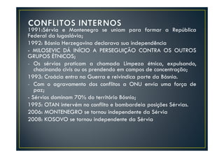 1991:Sérvia e Montenegro se uniam para formar a República
Federal da Iugoslávia;
1992: Bósnia Herzegovina declarava sua independência
- MILOSEVIC DÁ INÍCIO A PERSEGUIÇÃO CONTRA OS OUTROS
GRUPOS ÉTNICOS;
- Os sérvios praticam a chamada Limpeza étnica, expulsando,
   chacinando civis ou os prendendo em campos de concentração;
1993: Croácia entra na Guerra e reivindica parte da Bósnia.
- Com o agravamento dos conflitos a ONU envia uma força de
   paz;
- Sérvios dominam 70% do território Bósnio;
1995: OTAN intervém no conflito e bombardeia posições Sérvias.
2006: MONTENEGRO se tornou independente da Sérvia
2008: KOSOVO se tornou independente da Sérvia
 