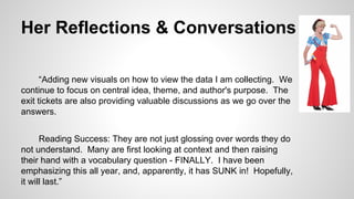 Her Reflections & Conversations
“Adding new visuals on how to view the data I am
collecting. We continue to focus on central idea, theme, and
author's purpose. The exit tickets are also providing valuable
discussions as we go over the answers.
Reading Success: They are not just glossing over words
they do not understand. Many are first looking at context and
then raising their hand with a vocabulary question - FINALLY.
I have been emphasizing this all year, and, apparently, it has
SUNK in! Hopefully, it will last.”

 