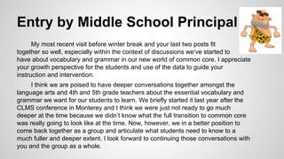 Entry by Middle School Principal
My most recent visit before winter break and your last two posts fit
together so well, especially within the context of discussions we’ve started to
have about vocabulary and grammar in our new world of common core. I appreciate
your growth perspective for the students and use of the data to guide your
instruction and intervention.
I think we are poised to have deeper conversations together amongst the
language arts and 4th and 5th grade teachers about the essential vocabulary and
grammar we want for our students to learn. We briefly started it last year after the
CLMS conference in Monterey and I think we were just not ready to go much
deeper at the time because we didn’t know what the full transition to common core
was really going to look like at the time. Now, however, we in a better position to
come back together as a group and articulate what students need to know to a
much fuller and deeper extent. I look forward to continuing those conversations with
you and the group as a whole.
 