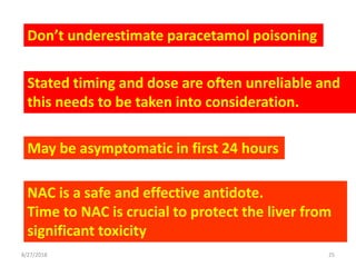 Don’t underestimate paracetamol poisoning
Stated timing and dose are often unreliable and
this needs to be taken into consideration.
NAC is a safe and effective antidote.
Time to NAC is crucial to protect the liver from
significant toxicity
May be asymptomatic in first 24 hours
8/27/2018 25
 